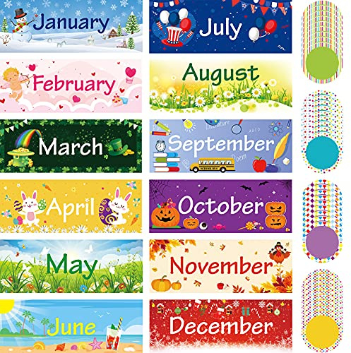 Zonon 48 Pieces Holiday Monthly Headliners Set 12 Months of The Year Headers Seasonal Monthly Bulletin Board Borders with 36 Round Blank Confetti Cutouts(Cute Style)