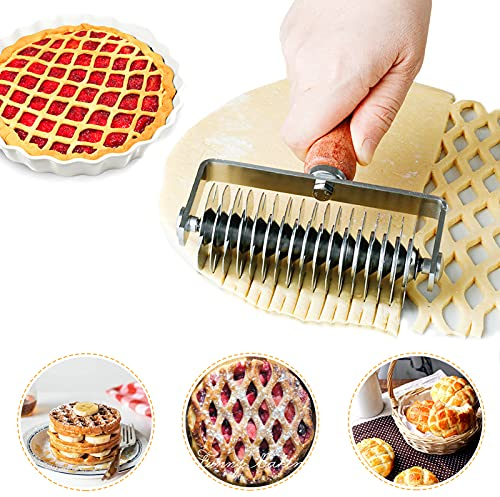 Stainless Steel Lattice Cutter and Roller - Baking Tool for Pizza, Pie, Bread, Pastry Crust with Wood Handle