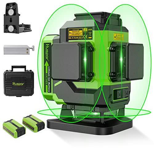 Huepar Green 3x360° Self-Leveling 3D Cross Line Laser Level, Alignment Tiling Floor Tool, 2 Li-ion Batteries with Type-C Charging Port & Magnetic Bracket, Hard Carry Case