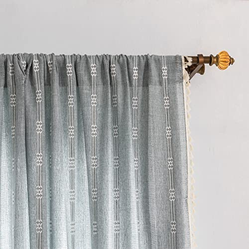 Boho Embroidery Striped Farmhouse Curtains - 84 Inch Long, 2 Panel Set, Blue Linen, Tassel, Semi-Blackout for Bedroom & Living Room (52 W x 84 L)