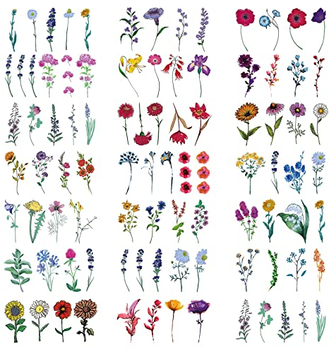TSHAOUN 20 Hojas Tatuaje Falso de Flor de Girasol de Lirio Lavanda Pegatina, Conjunto de Pegatinas de Tatuaje Colorido para Niños y Adultos, Fiesta, Festival, Baile de Graduación (Colorful)