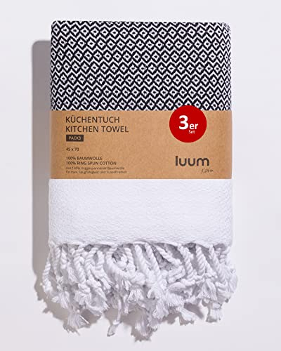 Luum® 3er Set Geschirrtücher, Geschirrhandtücher, Küchentücher, Küchenhandtücher, 100% ringgesponnene Baumwolle, schnelltrocknend, fusselfrei, Schwarz, 45x70, Geschenkset