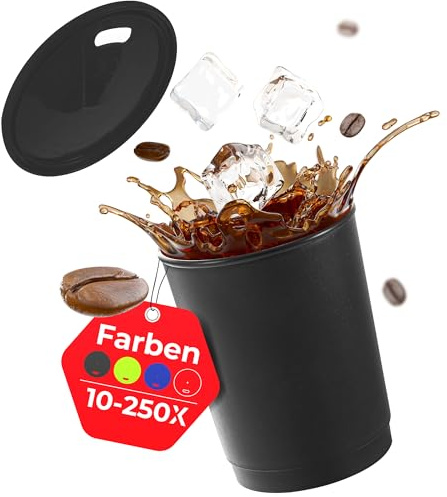 achilles Kaffeebecher mit Deckel, Kunststoffbecher, Mehrwegbecher, Trinkbecher, LFGB geprüft, spülmaschinenfest, stapelbar, 330 ml, Becher schwarz, Deckel schwarz, 100 Stk.
