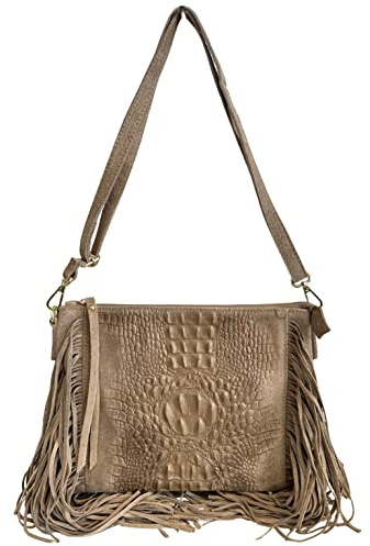 Modarno Bolso de mujer con flecos, correa de hombro, gamuza 29x2x21cm, gris pardo, marrón