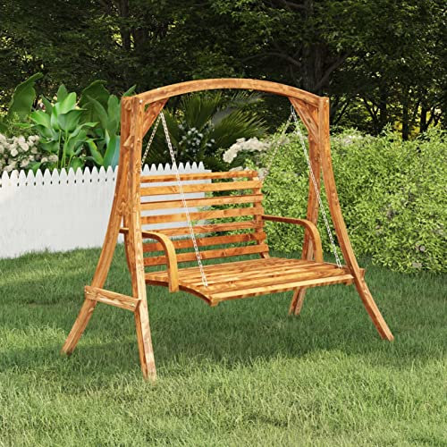 Schaukelbank, JUNZAI Hollywoodschaukel, Gartenschaukel, Garten Schaukel, Outdoor Schaukel, Bugholz Massiv mit Teak-Finish 91x130x58 cm