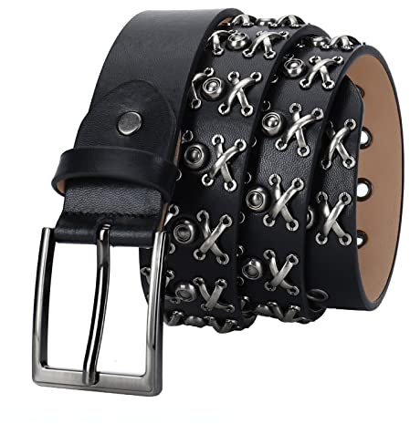 YOPADO Herren Damen Rot Strasssteine Nietengürtel Im Punk Hip Hop Style Schwarz Leder Gürtel Mit Nieten Und Legierung Dornschließe Ledergürtel 105Cm - 125Cm(105cm/waist:35, Studded~10)