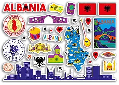A5 Sticker Sheet Albania Landmarks Vinyl Stickers - Albanian Map Airport Stamp Skyline Flag Travel Holiday Country City Aesthetic #80327