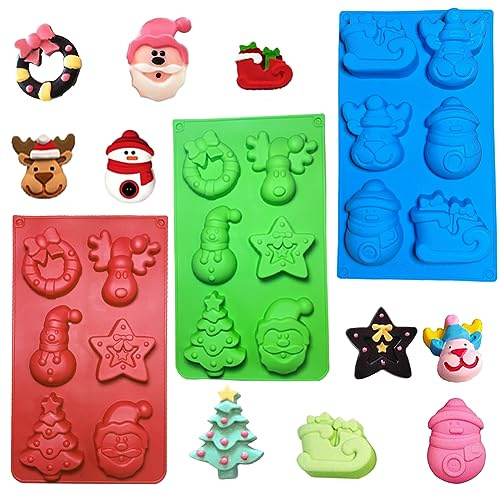 Weihnachten Silikon Formen, Weihnachten Seifenform, Form von Weihnachtsbäumen, Rentier, Schlitten, Socken und Glocken, Silikon Backform, für Backen, Kuchen, Schokolade, 3 Stück