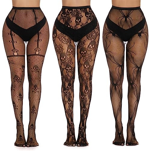 Yangshine 3 par halloween nätstrumpor skalle spindelnät hög midja nätstrumpbyxor strumpor svarta nätstrumpbyxor tights för kvinnor, Färg #1, one size