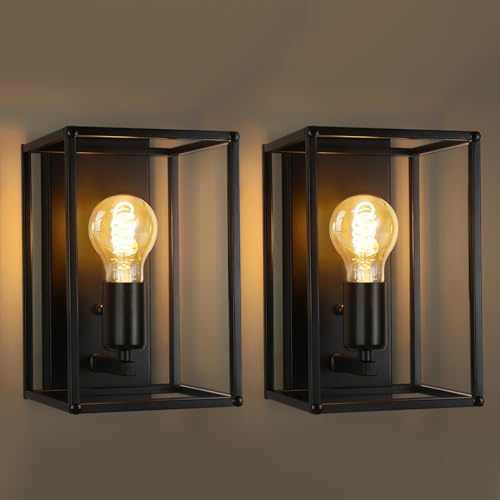 Homefire Wandleuchte Innen Wandlampe Schwarz 2ER Wandbeleuchtung Vintage | Schlafzimmer Treppenhaus Beleuchtung Retro Flurlampe E27 Metall Industrial Style für Wohnzimmer Küche - Ohne Glühbirne