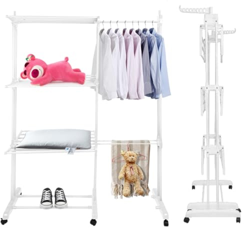 MUL-BOUTIQUE Wäscheständer, ausziehbare Länge, mobiler Wäschetrockner mit 3 Ebenen, faltbar, für drinnen und draußen, großes Fassungsvermögen, Größe 142,5 x 64 x 170 cm, mit Rollen (weiß)