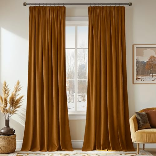 MIULEE Golden Brown Velvet Pencil Pleat Blackout Curtains 46x90Inch 2 Panel