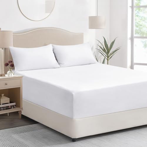 Tifschlaf Super King Fitted Sheet Deep Fit - White Superking Size Bed Sheet Extra Deep Pocket 16 inch (40 cm), Soft Brushed Microfiber Mattress Bottom Bedding Sheet, 183x200cm