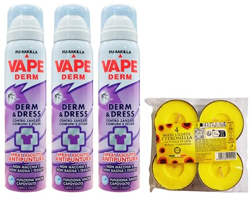 SET: 3x Spray Asciutto Antipuntura DERM & DRESS, Contro Zanzare Comuni e Tigri 100ml + Confezione Da 4 Maxi Candele Alla Citronella
