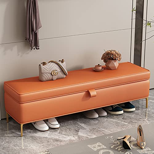 LFONDIGE Sitzbank mit Stauraum, Sitzhocker aus Kunstleder, Hochwertige Fußbank mit Stauraum, Moderne Polsterbank, Schuhbank, Schlafzimmerbank, Orange 80x40x45cm(31x16x18inch)