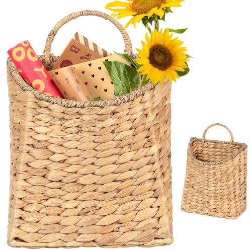 Woven Hanging Water Hyacinth Baskets, Hanging Wall Wicker Basket, Handmade Organizer Baskets, Hanging Flower Basket for Shelves, Walls, Doors, Balconies, Front of House, Garden, Farmhouse, Home.