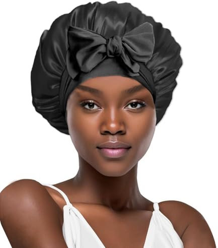 YENTEN Women's Satin Silk Sleeping Cap with Adjustable Elastic Band for Curly Braids - Hair Care Night Protection, Pure Black