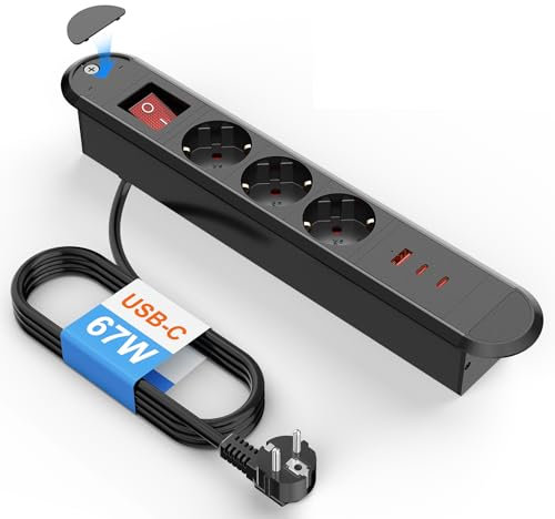 Ohuo Ciabatta elettrica da incasso con USB C 67 W, presa da tavolo da incasso con interruttore, 3 prese, Nero, Cavo da 1,8 m