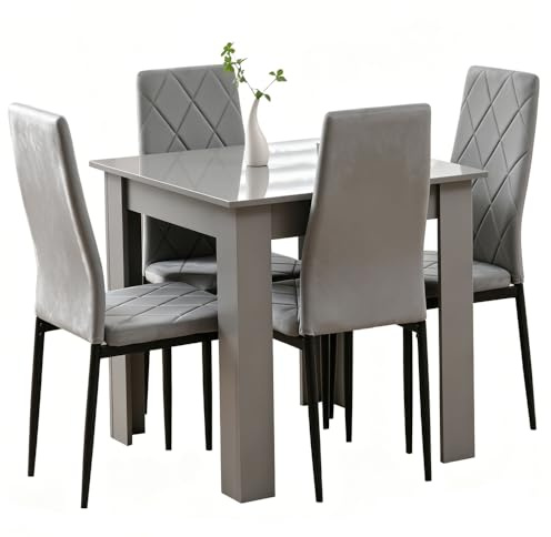 Rainbow Tree Modern 5 Piece Dining Room Table and Chairs Set, Wooden Square Table with 4 Chairs for Small Space Apartment Space Saving (Grey Table+4 Grey Argyle Velvet Chair)