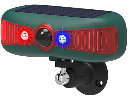 Solar Strobe Infrared Motion Sensor Alarm Detector,KINGCOO LED Flashing Warning Light Outdoor,13 Sounds Security Alert System,129db Dual Speaker Loud Noise Maker for Farm Yard Orchard Barn (1Pack)