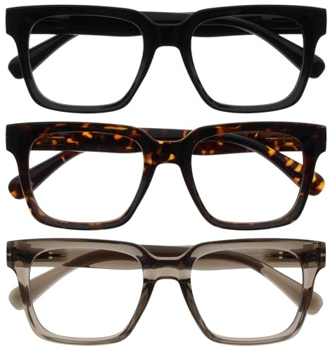 OPULIZE Gafas luz azul mujer y hombre - Gafas de moda - Gafas pantalla ordenador con Antirreflectante y Antideslumbrante UV400 - Pacquete de 3 - Negro Marrón Gris - +0,00