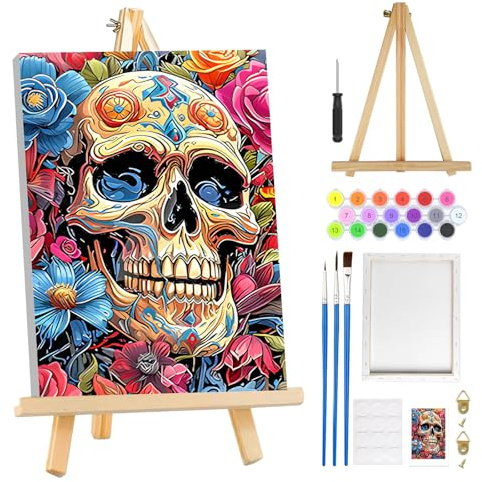 MOGTAA Kit de pintura por números de Halloween para adultos principiantes con marco, kits de pintura por números para adultos con calavera en lienzo con caballete, kits de pintura al óleo de flores