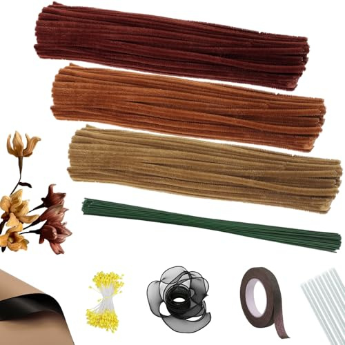 Fairblo 300 Stück Pfeifenreiniger Blumen Set Braun Serie in 3 Farben Pfeifenputzer zum Basteln Blumen Set Pfeifenreiniger Braun Pipe Cleaner mit Grüne Blumendraht für DIY Blumenstrauß