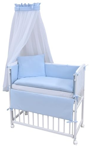 Generisch Baby Delux Beistellbett Babybett Stubenwagen weiß 90x40 mobil mit Rädern inkl. Matratze und Bettwäsche Set mehrteilig (Soft Touch Interlock blau)