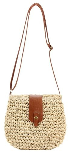 HTTDSLF Bolsa de Hombro de Paja para Mujer, Pequeña Bolsa Cruzada de Verano con Cremallera, Estilo Bohemio Bolso de Hombro Paja, Adecuado para Viajes a La Playa, Vacaciones (beige)