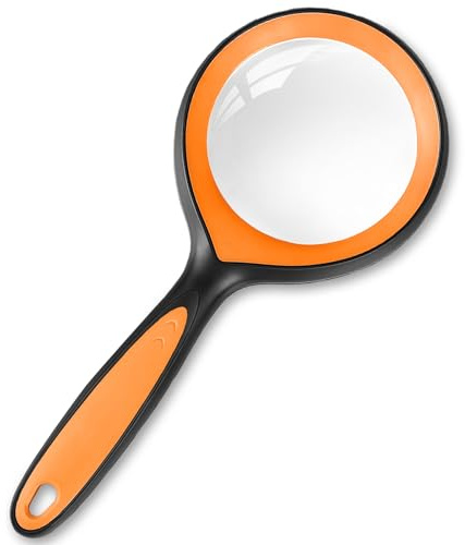 AMFUN 10X Magnifying Glass, Large Handheld Magnifier for Adults & Kids, Portable Magnifier for Scientific Exploration, Reading, Insect Observation - Black and Orange