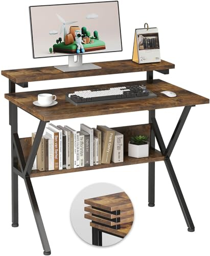 COTUBLR 70 x 48 cm Desk, Small Computer Desk for Small Spaces, Gaming Desk with Adjustable Monitor Stand, Modern Simple Style Compact Desk, Study Writing Table for Home Office, Brown