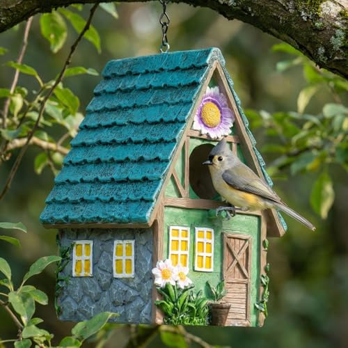 DEWEL Bird Houses for Garden, Weatherproof Resin Hanging Bird Nesting Box | Outdoor Bird House for Garden Tree Backyard Decoration, Bird Box for Bluebird Finch Robin Cardinal, Gift for Bird Lovers