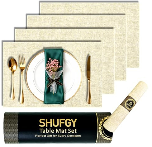 SHUFGY Faux Leather Placemats Set of 4, 11.8x17.7 Reversible Placemats - Waterproof, Stain & Heat Resistant, Easy Clean for Dining, Gatherings, Outdoor (Off-White)