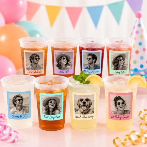 Lot de 5 à 100 Gobelets en Plastique Personnalisés avec Photo et Texte, Gobelets de Fête Réutilisables Givrés 355ml/475ml, Gobelets Cocktail pour Mariage, Anniversaire, Graduation, Fête & Événements