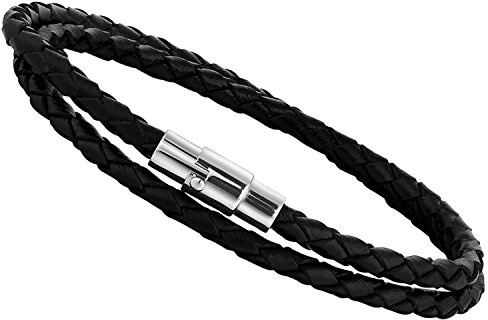 Flongo Leder Armband, Edelstahl Echtleder Armband Armreif Lederarmband Manschette Schwarz Braun Silber Geflochten Surfer Wickelarmband Magnet Schließe Herrenarmband Damenarmband, 7,5-8,5 Zoll