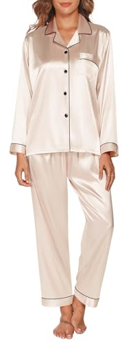 GAESHOW Pyjama Soie Femme Ensembles de Pyjama en Satin de Soie Manches Longues Vêtements de Nuit Femme pour Toutes Les Saisons (M)