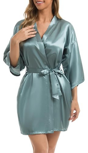 Vlazom Kimono Robe Damen Morgenmantel Kurzer Satin Bademantel Mit Gürtel V-Ausschnitt Kimono(M,Hellgrün)