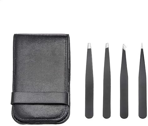 Amazon Basics Lot de 4 pinces à épiler - Pinces professionnelles en acier inoxydables pour les poils du visage, les cils, les sourcils et les poils incarnés, étui de transport inclus, noir