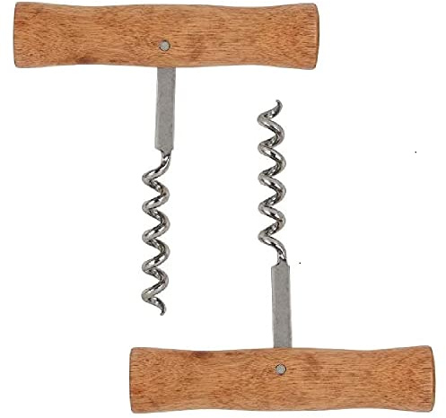 MAELSA® - Tire-bouchon forme T à spirale manche bois pour bouteille de vin à bouchon liège – Lot de 2 - Décapsuleur tirebouchon à vis en bois laqué brun vissage facile.