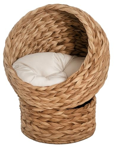 PawHut Woven Banana Leaf Elevated Cat Bed Wicker Kitten Basket Pet Den. House Cosy Cave with Soft Cushion Dome 50x42x60cm Brown