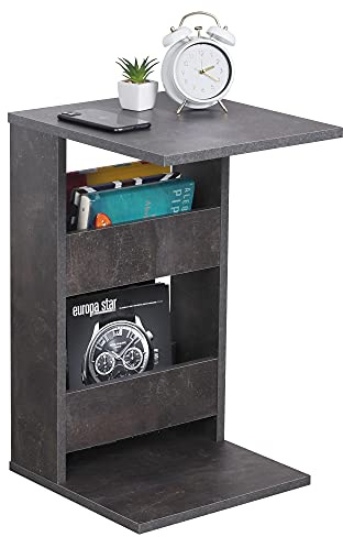 RICOO Kleiner Beistelltisch Holz 35 x 60 x 40 cm WM042-BG Couchtisch mit Stauraum Betonoptik Grau Wohnzimmertisch Kleiner Tisch Wohnzimmer Sofatisch Beistelltische C Form Konsolentisch