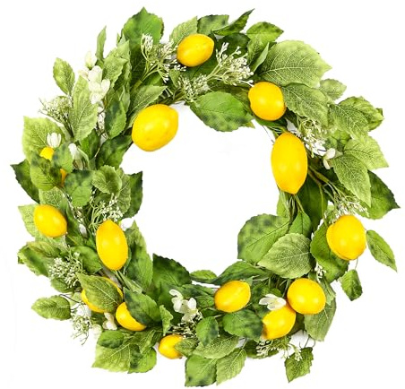 YNYLCHMX 18 Wreaths for Front Door, Artificial Floral Lemon Wreath with Green Eucalyptus Leaves, Green Foliage Wreath for Wall Window Farmhouse Party Holiday Home Decor