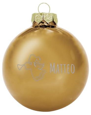 Deitert Weihnachtskugel mit Wunschtext Gravur, Ø 8cm, personalisierte Christbaumkugel aus Glas (glänzend), Individueller Weihnachtsbaumschmuck Namen oder Spruch, Engel-Motiv, Gold