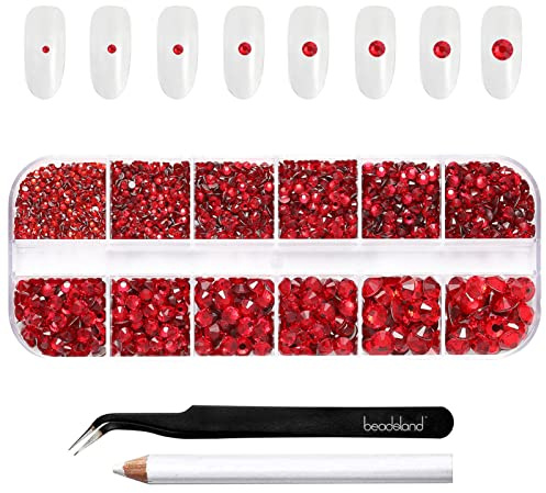 Beadsland 2500pcs Red Rhinestones, Flatback Gems Round Red Crystal Rhinestones for Nail Crafts Mixed 8 Sizes SS4~SS30 with Picking Tweezer and Pen (Siam)