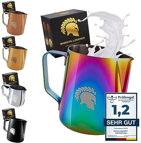 Barista Legends® Milchkännchen Edelstahl 350ml für Latte Art, Bunt | Milchschaumkännchen Edelstahl hochglanz poliert mit speziellem Latte Art Ausguss, zum Milchaufschäumen, spülmaschinenfest