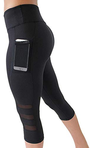 Odizli Sport Leggings Damen Capri Sporthose High Waist Push Up Boot Shape Figurbetonte Legins Sport Leggins Sportleggins Yogahose Caprihose Sommer 3/4 Hose Blickdicht Laufhose mit Taschen Schwarz XXL