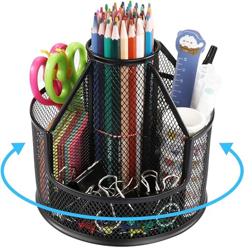 HMXLJJY Industrieller Drehbarer Schreibtisch-Organizer, Stifthalter aus Metallgeflecht, Schwarz, 5 Fächer, Rutschfest, für Schreibtisch, Bürozubehör, Kunstbedarf, Schule