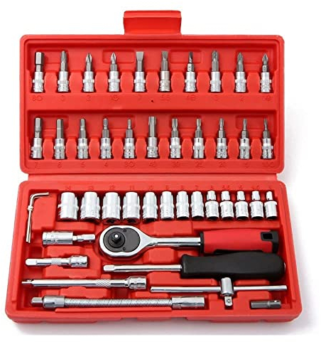 YWHWXB 46 Pieces Mechanic Tool Kit 1/4” Dr. Ratchet Socket Wrench Set with Storage Case, Includes Bit Sockets and Extension Bar