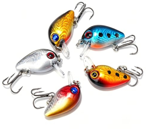 Cebo artificial de pesca, 5 uds Mini Crankbait de 3cm con anzuelo ojos holográficos 3D señuelos de PVC realistas natación con anzuelo triple púas señuelos duros para pesca en agua dulce salada