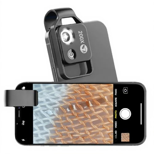 200X Telefon Taschenmikroskop, Universelles Clip Telefonmikroskop mit LED Licht und CPL Polarisator, Tragbares Digitales Mikroskop, Kompatibel mit IOS und Android Smartphones